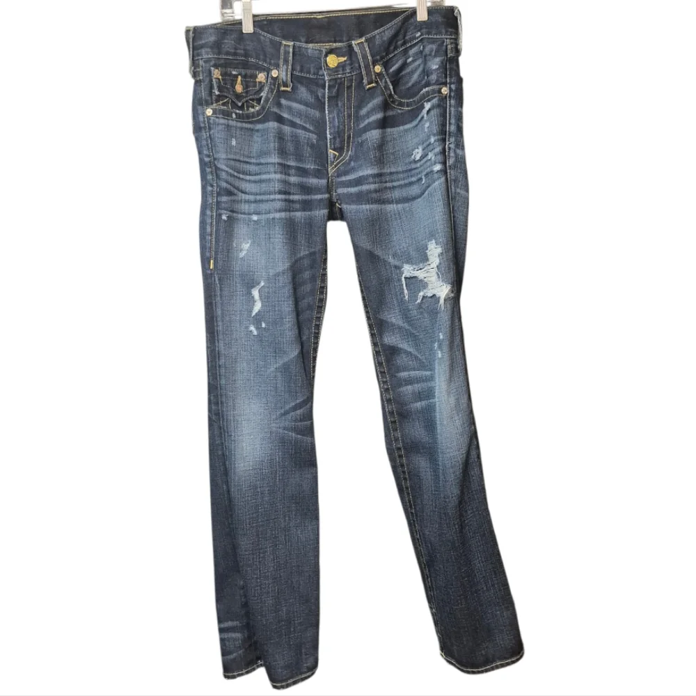 TRUE RELIGION Premium Vintage Skull & Roses Straight Jeans Women's  33 - Picture 2 of 16
